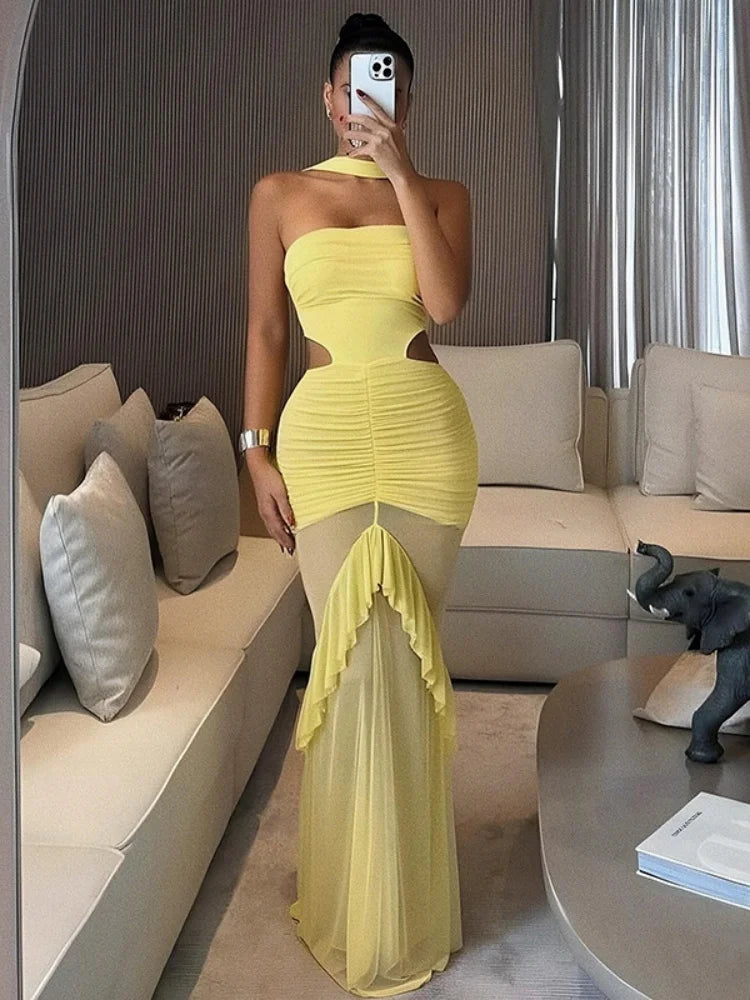Sheer Mesh Ruffled Hollow Halter Fishtail Maxi Dresses for Woman Elegant Birthday Party Dress Yellow Black