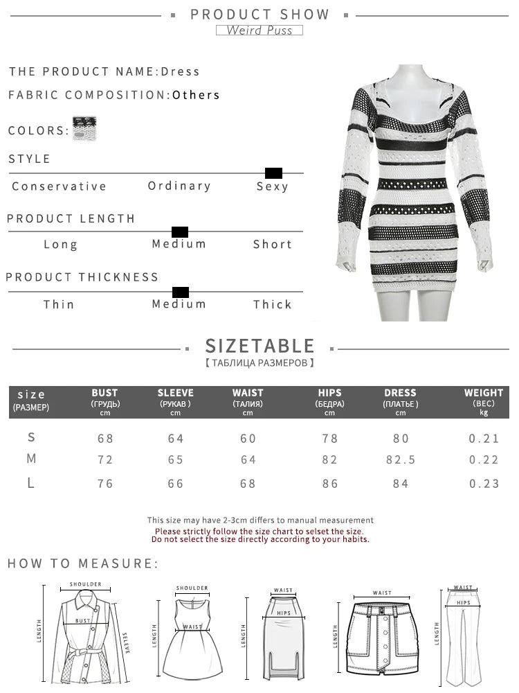 Backless Crochet Y2K Dress Autumn Stylish Full Sleeve Bandage Hollow Sexy Hipster Stripe Chic Midnight Party Clubwear