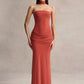 Women Strapless Mermaid Sexy Maxi Dress Detachable Choker Neck Tie Ruched Waist Bodycon Long Evening Party Dress