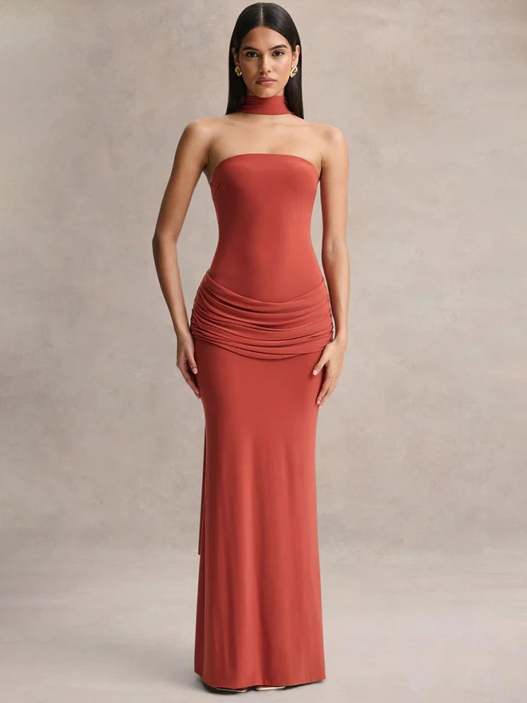 Women Strapless Mermaid Sexy Maxi Dress Detachable Choker Neck Tie Ruched Waist Bodycon Long Evening Party Dress