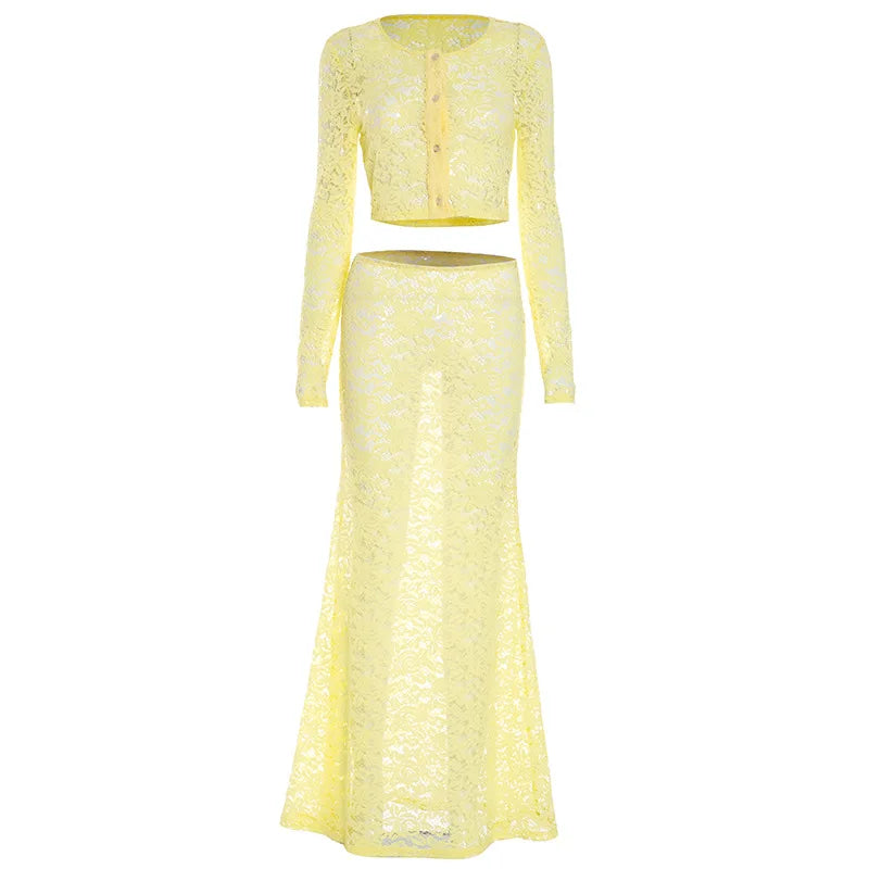 Fall Two Piece Sets See Through Lace Long Sleeve Cardigan Top and Maxi Skirt Set Sexy Beach Vacation Outfits