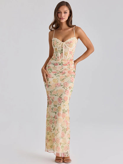 Spaghetti Strap Backless Print Sexy Maxi Dress Women Elegant Patchwork Sleeveless Bodycon Floral Print Club Party Dress