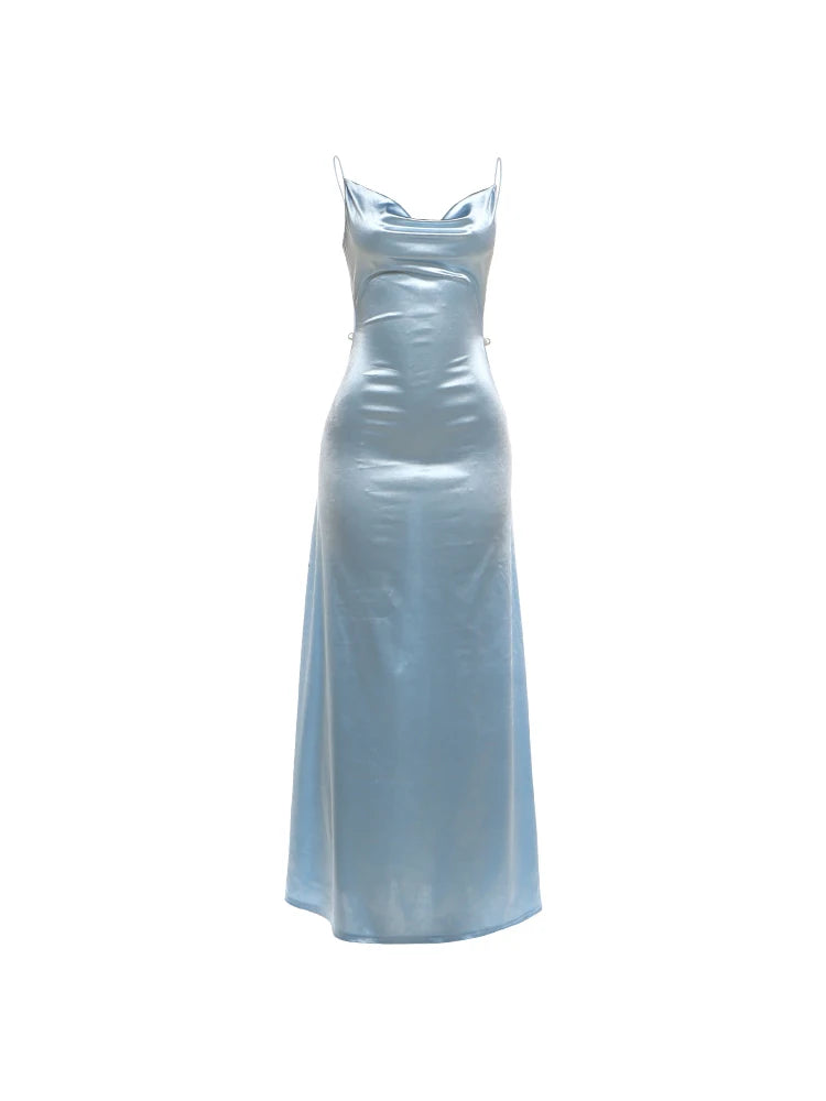 Backless Bead Patchwork Satin Dress Women Elegant Swing Collar Sleeveless Trend Fashion Classic Party Club Bodycon