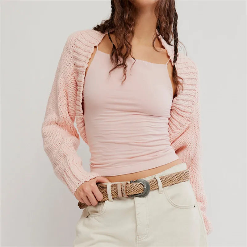 Women Knitted Cropped Bolero Shrug Open Front Long Sleeve Balloon Sleeve Ribbed Trim Short Cardigan Sweet Casual Outerwear Top