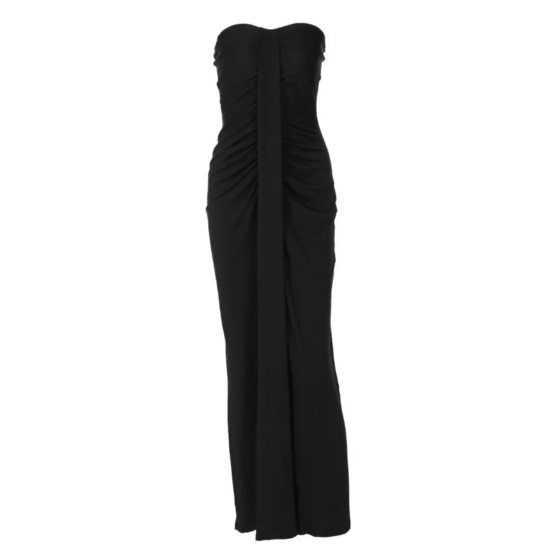 Elegant Strapless Ruched Wrap Maxi Dress Black Burgundy Evening Gown Party Dresses Woman Clothing