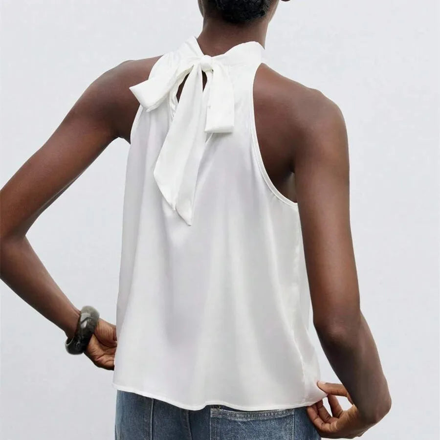 Elegant Satin Halter Neck Tank Tops Women's Sleeveless Solid Color T Shirt Basic Crop Tops Fashion Summer Party Clubwear