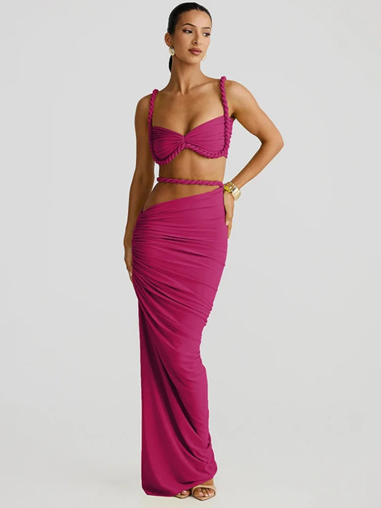 2 Piece Set Twisted Hollowed Out Crop Top and Long Skirt Vacation Outfits Women Summer Beach Party Dress