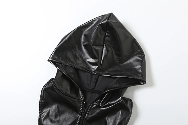 PU Hooded Tank Tops Women Y2K Side Split Sexy Hipster Zip Bandages Leather Hipster Streetwear Wild Basic Summer Vest