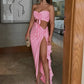 Sexy Skirt Two Piece Sets Women Flower Strapless Crop Tops And Midi Skirt Femme Backless Side Slit Sexy Two Piece Sets