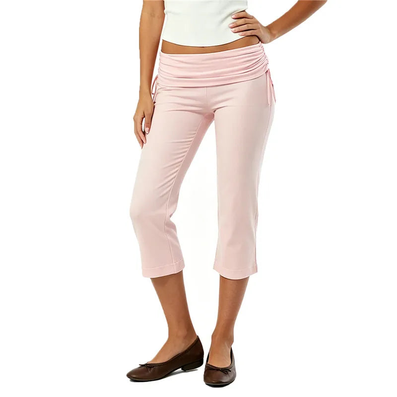 Women Y2K Trendy Low Waist 3/4 Length Capri Trouser Fold Over Waist Tie Side Drawstring Slim Fit Streetwear Lounge Pants