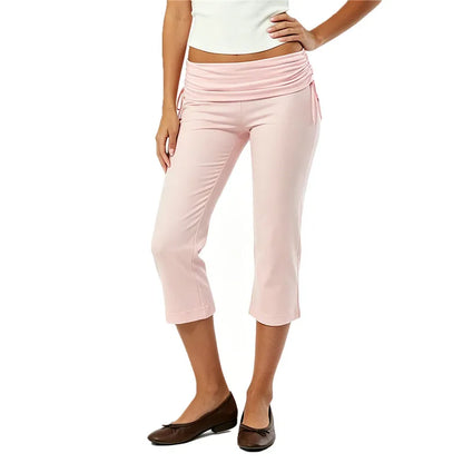 Women Y2K Trendy Low Waist 3/4 Length Capri Trouser Fold Over Waist Tie Side Drawstring Slim Fit Streetwear Lounge Pants