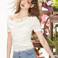 Elegant Draped Cowl Neck Short Sleeve Top, Lace Trim Asymmetrical Hem Blouse, Feminine Casual Slim Fit Top for Women