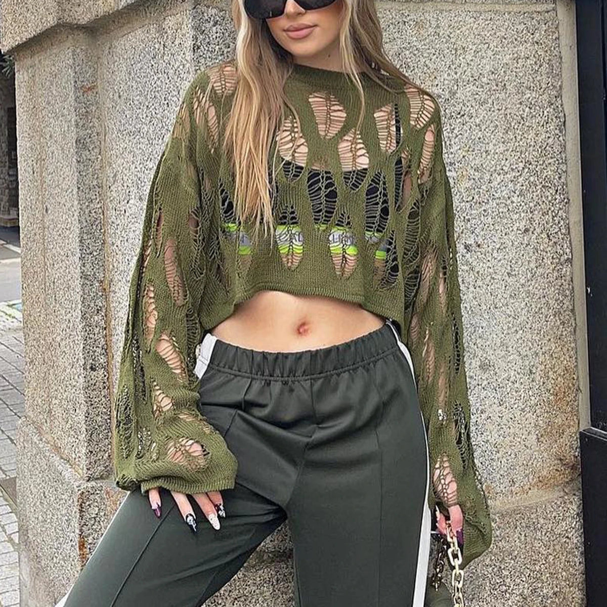 Women Knit Hollow Out Sweater Long Sleeve Crew Neck Ribbed Solid Pullover Crop Top Winter Fall Y2K Vintage Streetwear