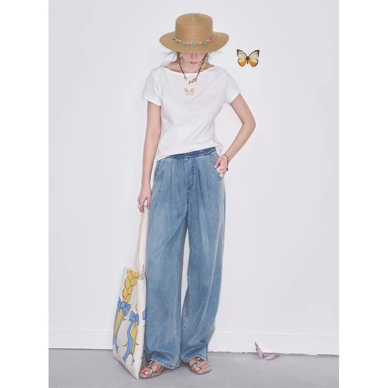 High Waist Wide Leg Jeans for Women, Casual Loose Fit Denim Pants with Elastic Waist, Lightweight Washed Trousers