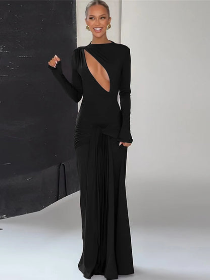 Christmas Hollow Maxi Dress Women o-Neck Folds Flare Sleeve Bandage Long Tassel Solid Skinny Elegant Banquet Vestidos