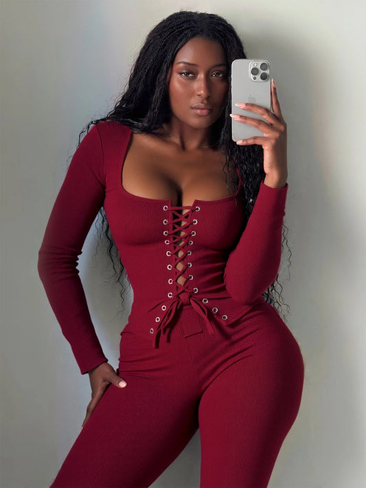 Fashion Hottie Tracksuits 2-Piece Set Women Shirring Square Collar Crop Top+Pants Matching Simple Stretch Slim Outfits