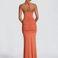 Women Halter Mermaid Sexy Maxi Dress Hollow Out Cutout Metal Lock Decor Ruched Bodycon Dress Evening Party Club Dress
