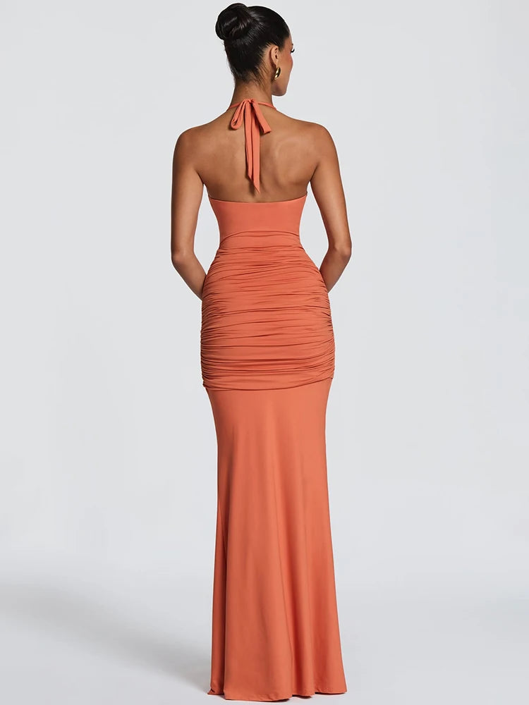 Women Halter Mermaid Sexy Maxi Dress Hollow Out Cutout Metal Lock Decor Ruched Bodycon Dress Evening Party Club Dress