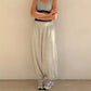 Women Waffle Knit Harem Pants Elastic High Waist Loose Baggy Tapered Joggers Solid Casual Loungewear Streetwear Trousers