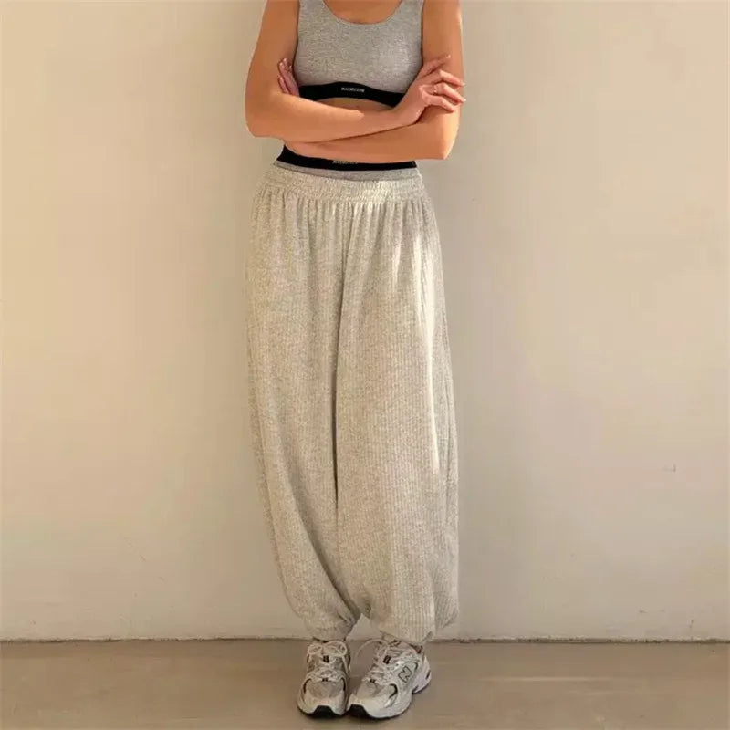Women Waffle Knit Harem Pants Elastic High Waist Loose Baggy Tapered Joggers Solid Casual Loungewear Streetwear Trousers