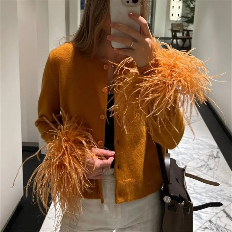 Fashion O Neck Sweater Tops Fur Feather Patchwork Long Sleeve Knitted Cardigan Spring Fall Slim Knitwear Top Streetwear