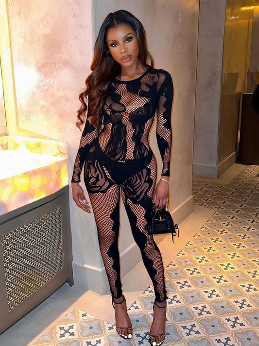 Sexy Coquette Jumpsuit Women See Through Full Sleeve Stretch Workout Midnight Party Activity Club Skinny Overalls