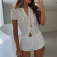 Y2K Women Crinkled Fabric Two Piece Set V Neck Button Short Sleeve Top Hot Shorts Casual Pajama Loungewear for Vacation