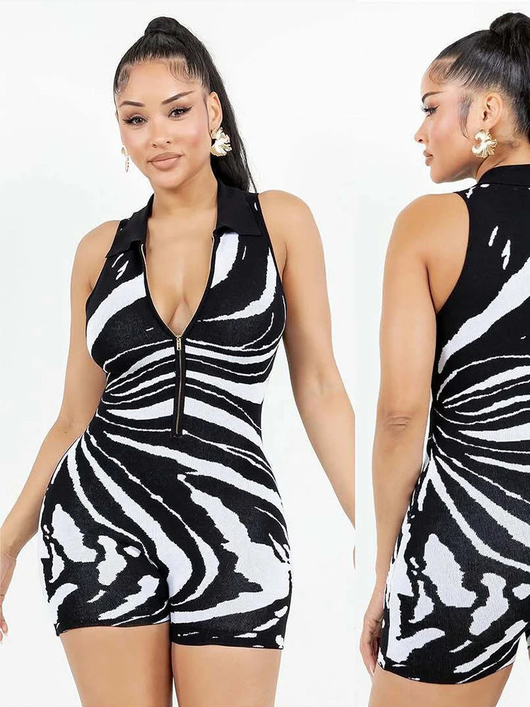 Zip Polo Neck Romper Women Sleeveless Stripe Print Streetwear Midnight Clubwear Sleeveless Skinny Simple Playsuit