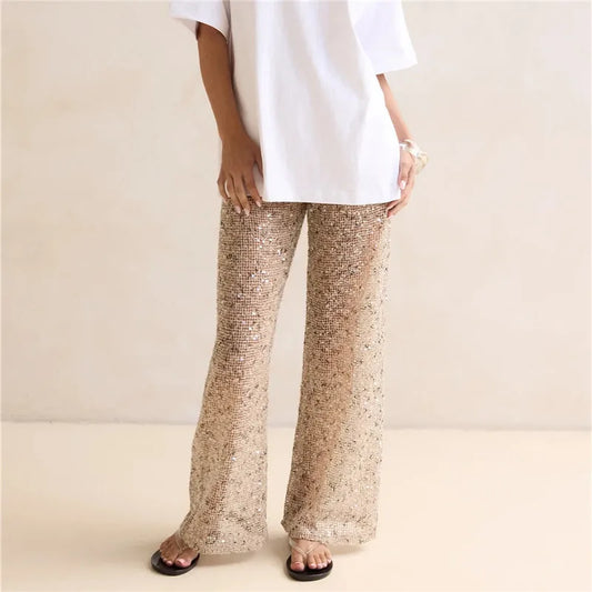 Sequin Mesh Wide Leg Pants Women High Waist See Through Sheer Elastic Waist Beachwear Trousers For Summer Vacation