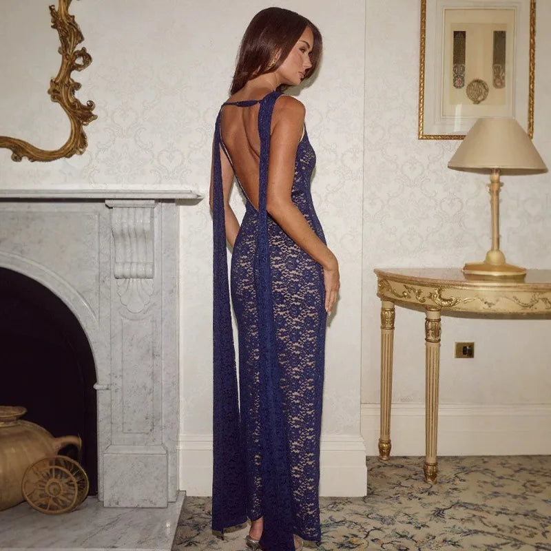 Boat Neck Sleeveless Backless Maxi Dress White Lace Elegant Party Wear Wedding Guest Dresses Women Clothes