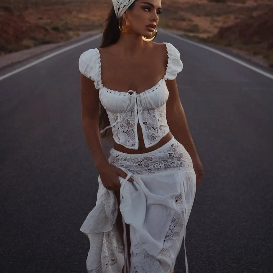 Women Y2K 2 Piece Set White Lace Patchwork Off Shoulder Short Sleeve Crop Top With Long Skirt Summer Vacation Streetwear