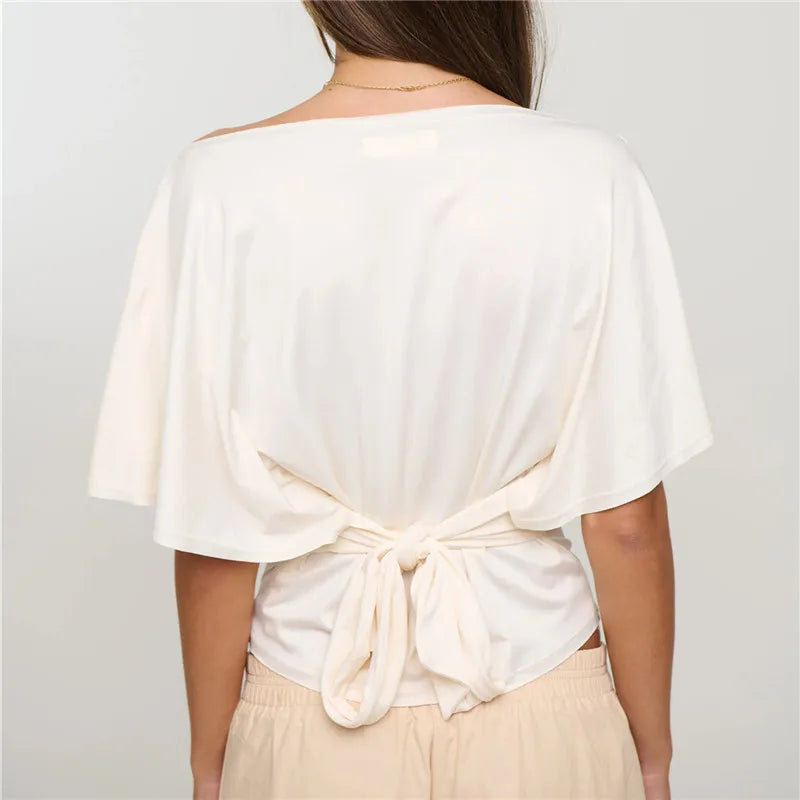 Women Boat Neck Off Shoulder Flutter Short Sleeve Crop Top Back Self Tie Wrap Waist Slim Ruched Y2K Casual Blouse