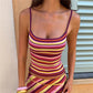 Women Colorful Stripe Cami Top Square Neck Spaghetti Strap Slim Y2K Cropped Tank Top Summer Beach Sleeveless Camisole