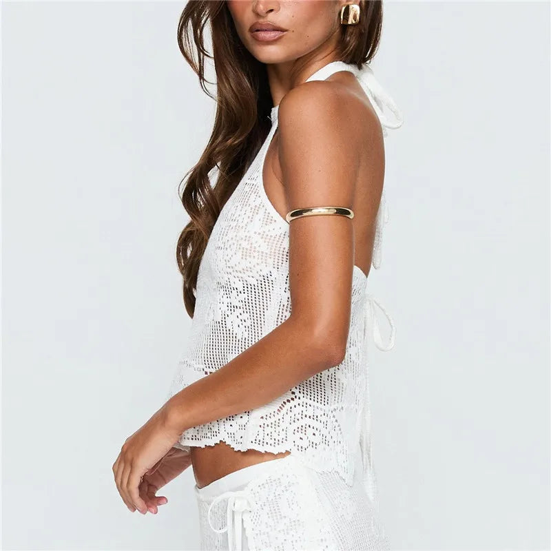 Sheer Floral Lace Halter Crop Top Women Open Back Tie Knot Sleeveless Mesh Hollow Out Camisole Sexy Beach Cover Ups