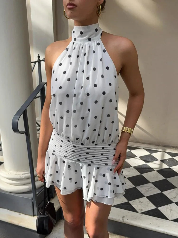 Polka Dot Backless Sexy Mini Dress Women Elegant White Turtleneck Off-shoulder Sleeveless Ruffle Club Party Dresses