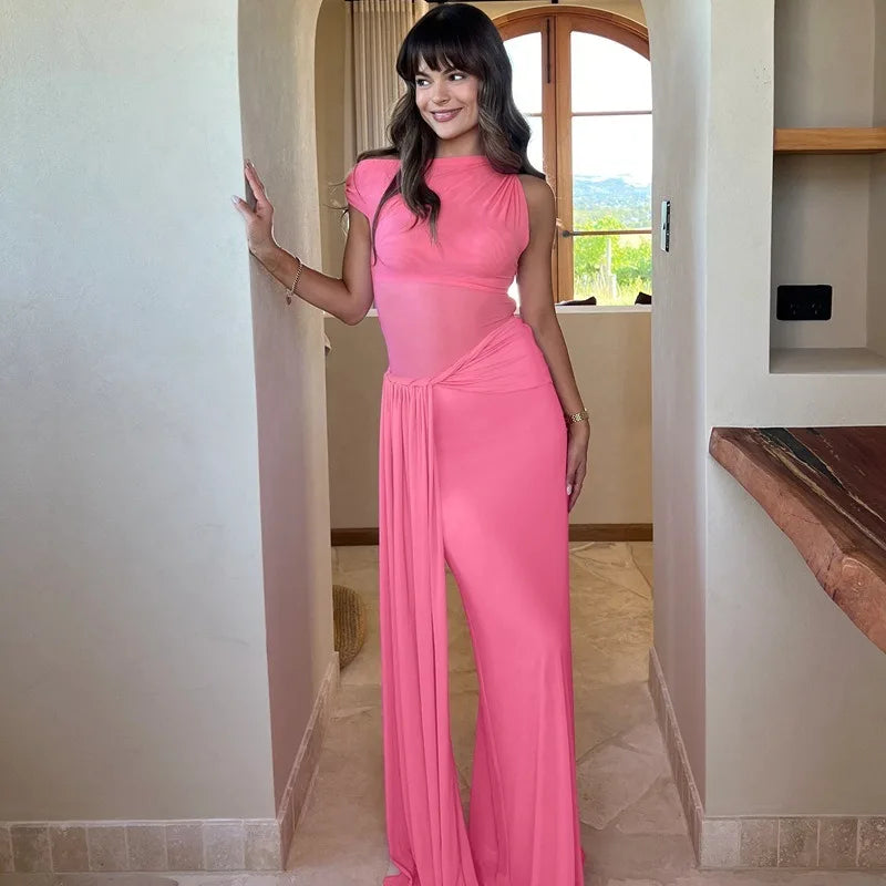 Elegant Pink Dresses for Wedding Guest Mesh Sheer Patchwork One Shoulder Draped Long Maxi Dress Woman