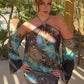 Colorful Print Mini Dress Woman Beads Decoration Halter Off Shoulder Full Sleeve High Street Fashion Style Bodycon