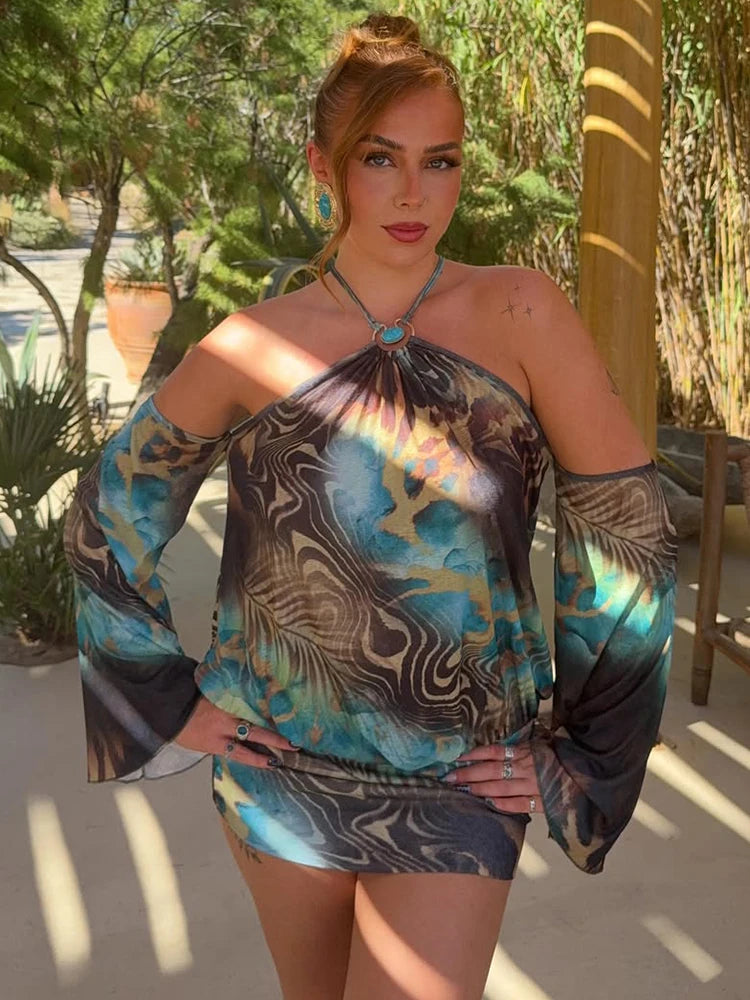 Colorful Print Mini Dress Woman Beads Decoration Halter Off Shoulder Full Sleeve High Street Fashion Style Bodycon