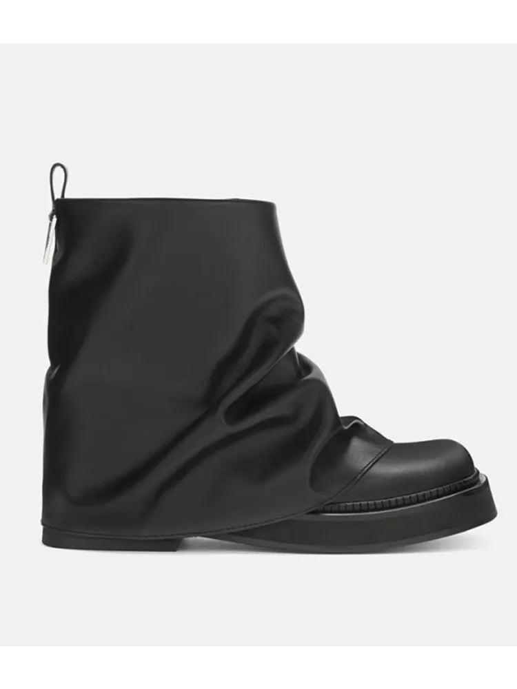 Women's New Autumn and Winter Calf Boots with Pleated Thick High Heels and Fashionable Oversized Street Leather Mid Leg Boots