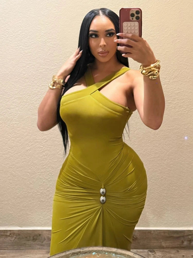 Sexy Cross Ruched Dress Women Elegant Sleeveless Metal Buckle Patchwork Classic Fashion Evening Party Gown Bodycon