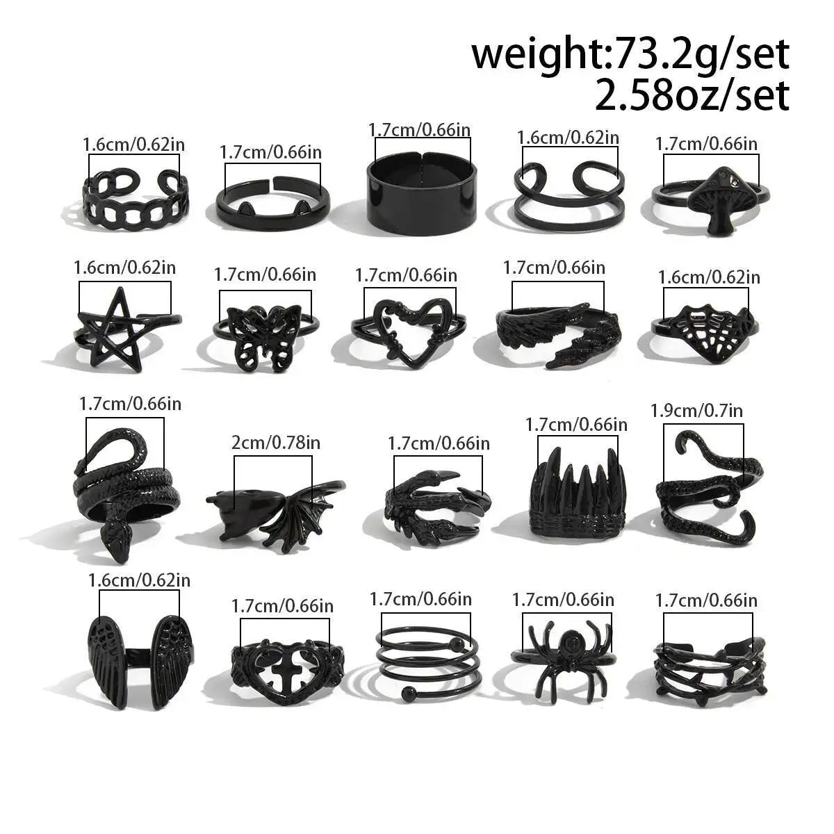Gothic Black Open Rings Set 20 Pcs Trendy Hollow Star Heart Design with Spider Butterfly & Snake Shapes for Halloween Jewelry