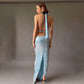 Blue Sequined Glitter Party Dresses for Woman Elegant Cowl Neck Open Back Long Wedding Guest Dress