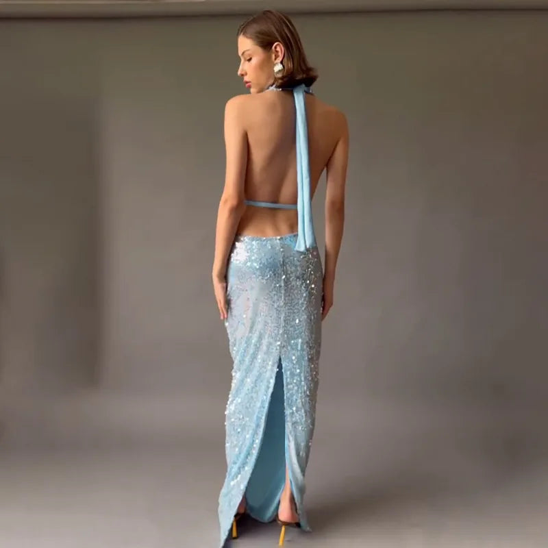 Blue Sequined Glitter Party Dresses for Woman Elegant Cowl Neck Open Back Long Wedding Guest Dress