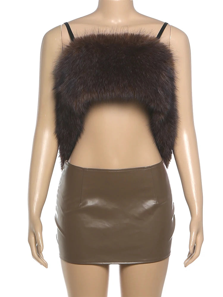 Hipster Sexy 2-Piece Set Women Fur Backless Camisole+Zip Peach Hip Pu Skirt Matching Skinny Clubwear Luxury Wild Outfits