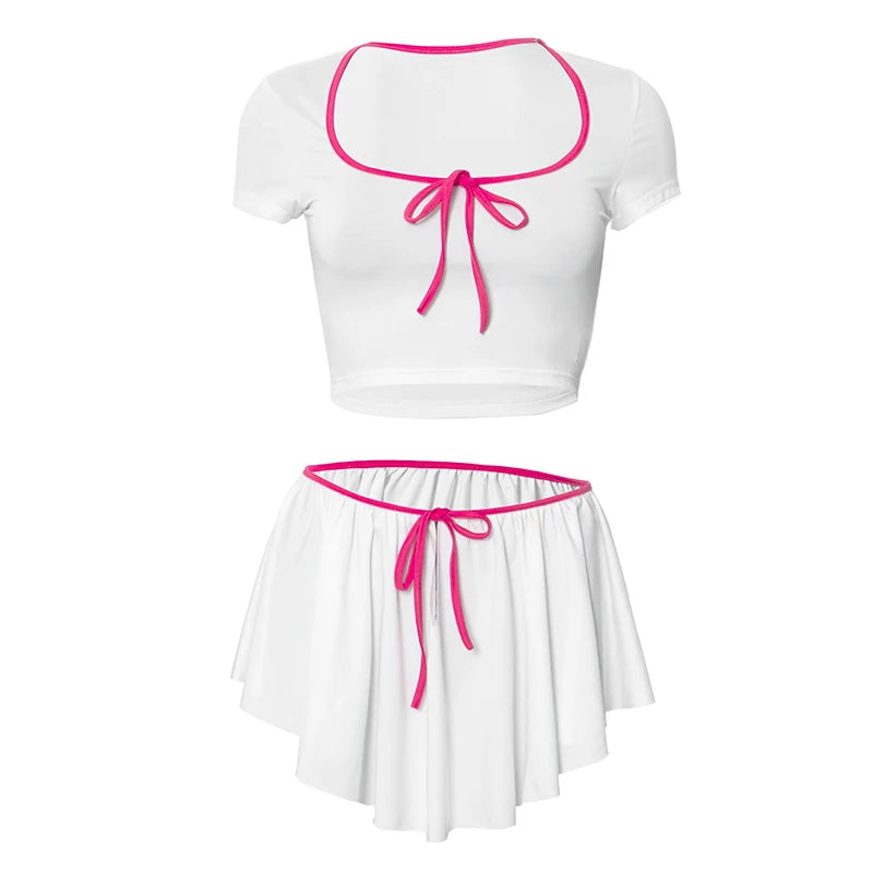 Straps 2 Piece Sets Woman Summer Sexy Square Collar Short Sleeve Crop Tops+Irregular Hem Mini Skirts Matching Suits