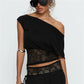 Women's Summer Tops Stylish Solid Color Floral Lace Patchwork Off One Shoulder Slim Fit Blouse for Casual Daily Wear