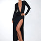 Deep V Neck Long Sleeve Sexy Maxi Dress For Women Autumn Winter New Black Thigh High Split Sexy Club Party Long Dress