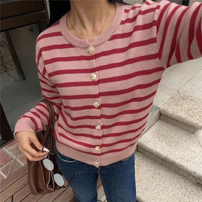 Women Striped Knit Cardigan Crew Neck Button Down Long Sleeve Sweater Notched Neckline Knitwear Fall Winter Streetwear