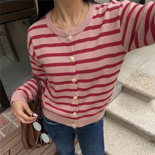 Women Striped Knit Cardigan Crew Neck Button Down Long Sleeve Sweater Notched Neckline Knitwear Fall Winter Streetwear