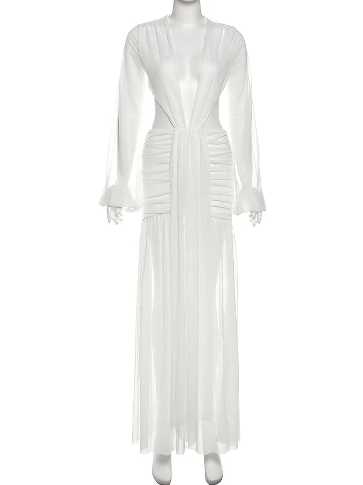 Sexy See Through Dress Women Deep V-Neck Full Sleeve Hollow Waistless Ruched Knot Ribbon Street Elegant Long Bodycon